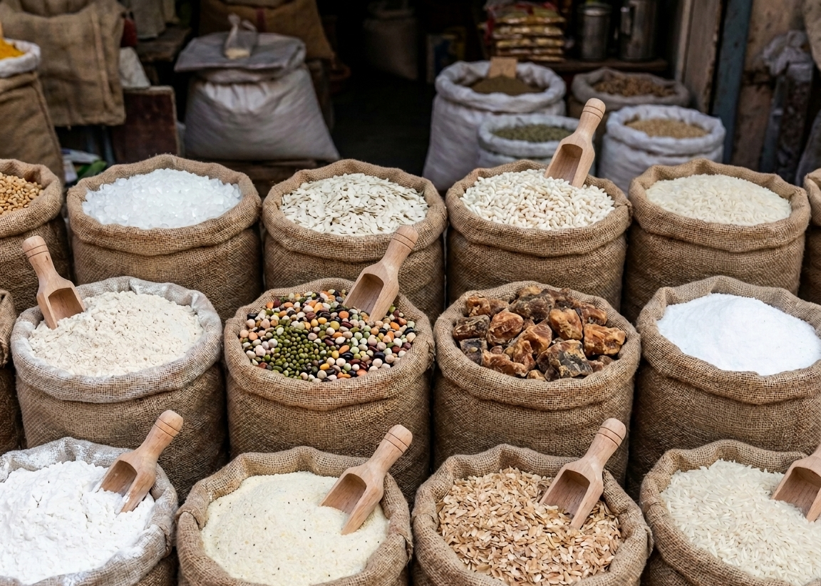 Market scene with sacks of colorful pulses and grains in a high-end wholesale market setting