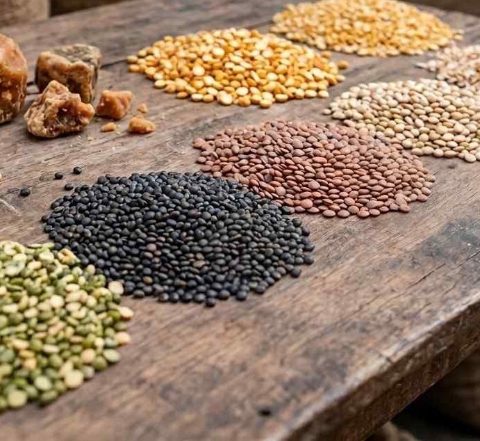 Golden jars of pure honey and jaggery products displayed on a rustic wooden shelf