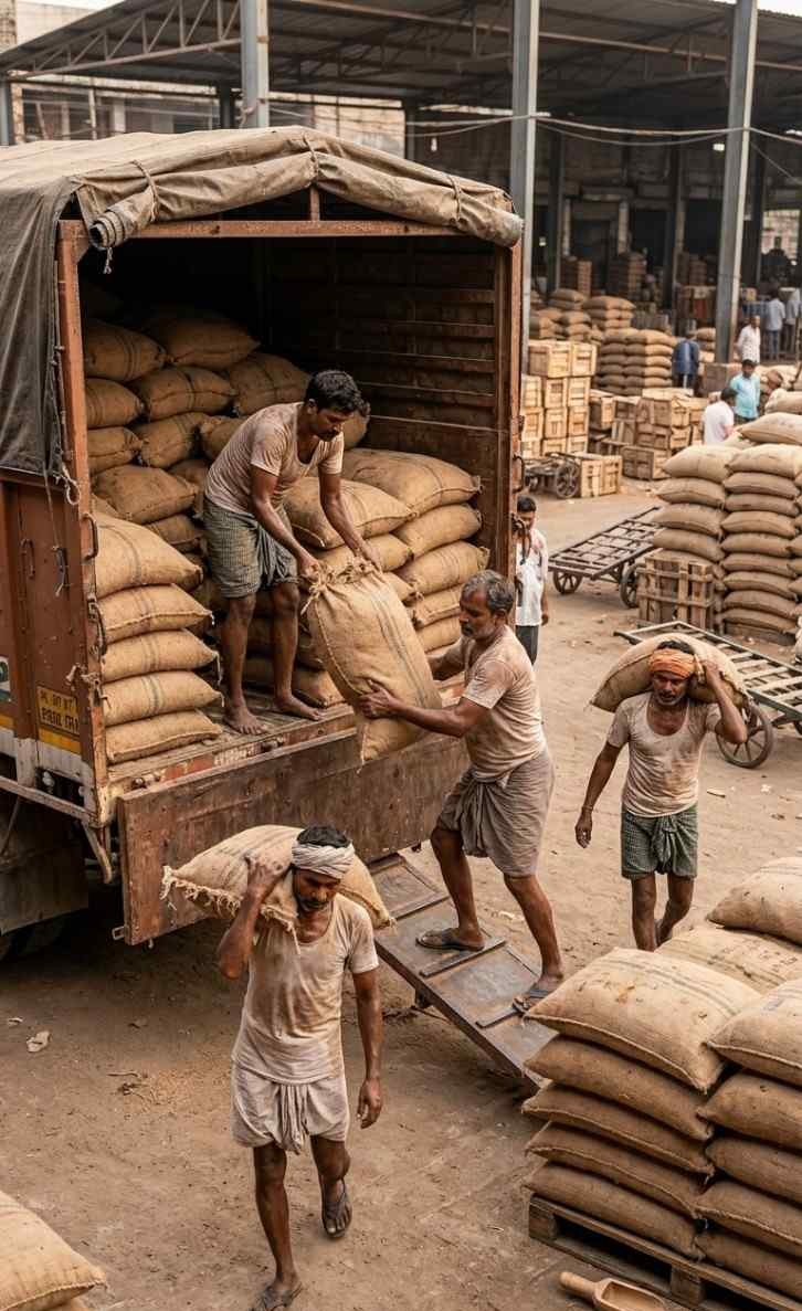 Artisanal bakery worker kneading fresh dough in a sunlit kitchen with flour dust in the air