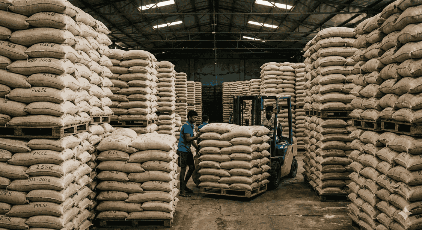 Interior of a clean, well-organized heritage wholesale spice and grain warehouse with warm atmospheric lighting
